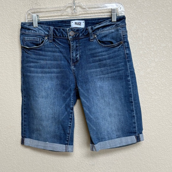 Paige Jax Knee Short Blue Denim Cuffed Stretch Jean Shorts Size 29 - Picture 2 of 10